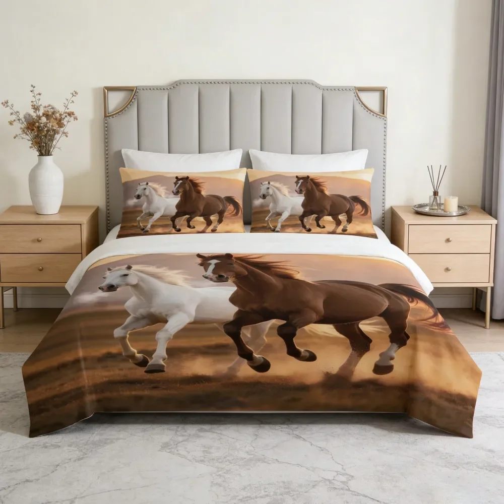 

Комплект из 3 предметов: 1 пододеяльник, 2 наволочки, без наполнителя, с принтом «Мистичная живопись маслом: Лошадь, закат, лес», мягкий и комфортный