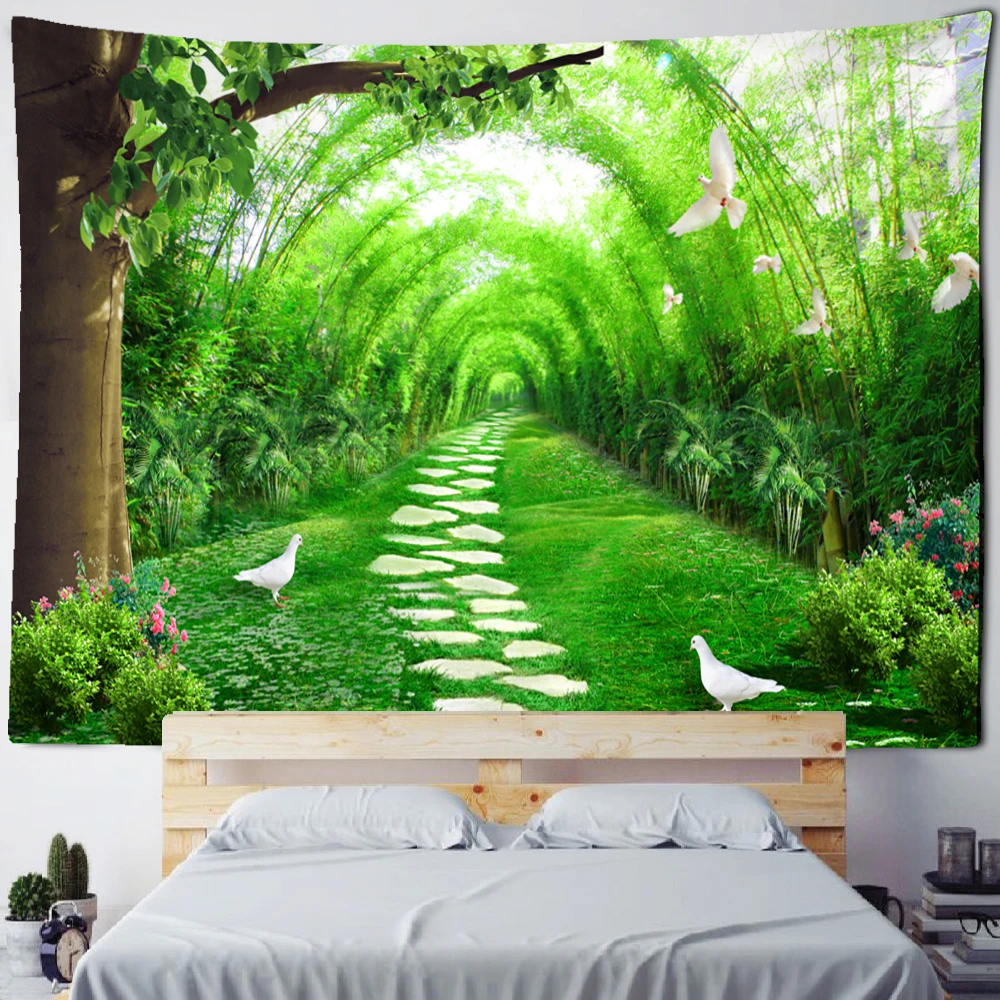 Bamboo Forest Flying Pigeon Path Tapestry Wall Hanging Hippie Tapiz Psychedelic Mystery Simple Natural Home Decor