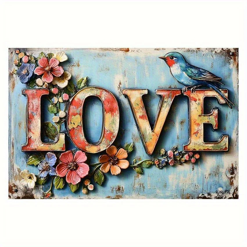 Vintage Love & Peace Metal Wall Decor - Rustic LOVE Sign with Floral Accents in Pink, Red, Purple, Yellow, Green, Brown - Distre