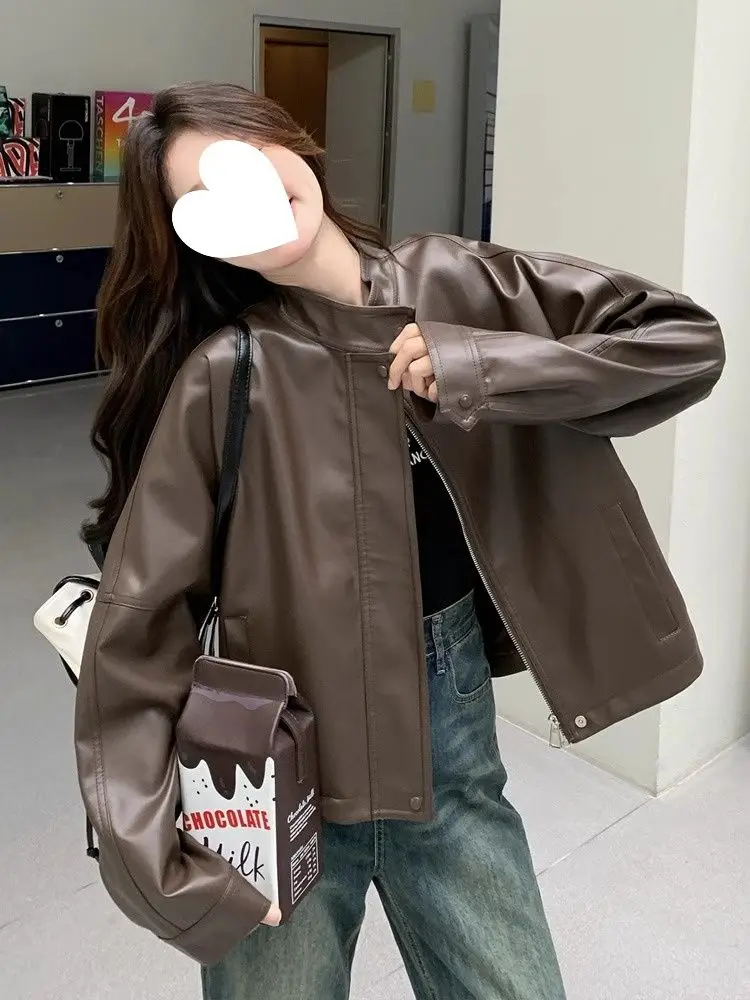 Coffee-colored Leather Jacket Women's New High-grade Short Jacket in 2024 Is Popular in American Retro This Year.