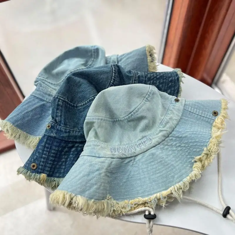 

Women's Bucket Hat Washed Denim Fisherman Cap Casual Sunscreen Outdoor Bob Femme Embroidered letters Buket Cap Foldable New