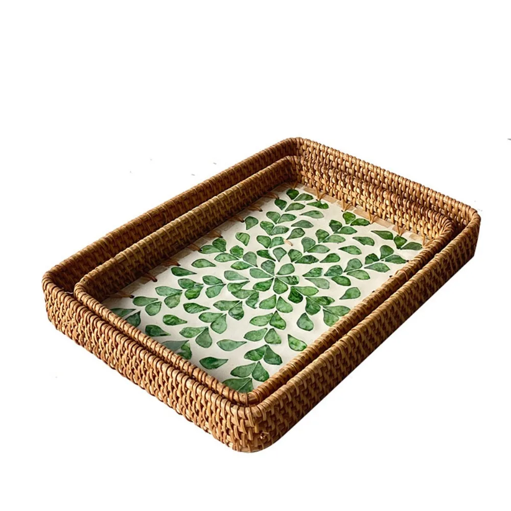 

2pcs Rectangular Shell Vine Weaving Basket Colorful Shell Reusable Weaving Storage Tray Handmade Bohemian Style
