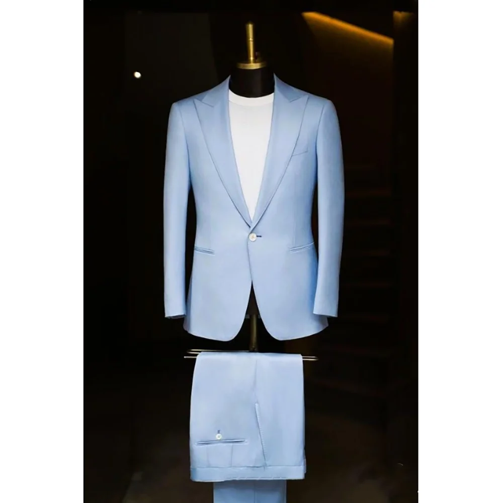 

Blue Single Breasted One Button Men's Suits 2 Piecs Blazer Pants Wedding Groom Banquet Custom Boutique Male Suit
