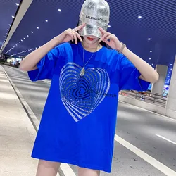 2022 Summer Fashion Streetwear Rhinestone heart pattern T-Shirt Women Casual Loose Tees Lady Tops S-4XL 40-150KG