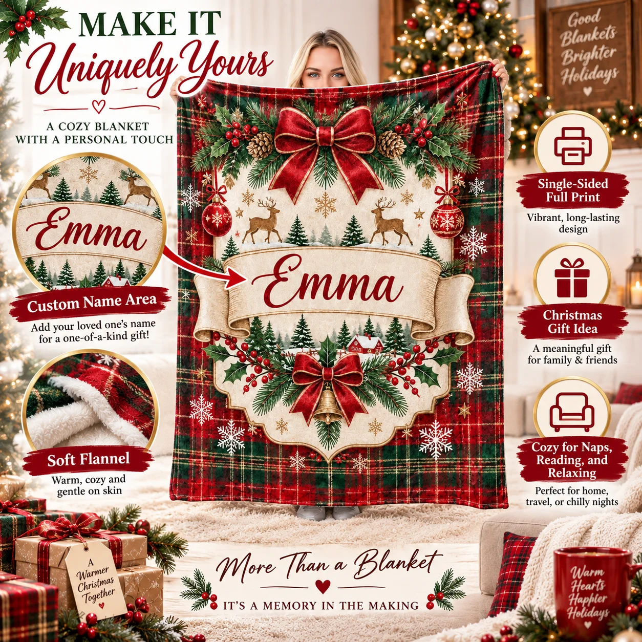 Custom Name Christmas Blanket Personalized Cozy Xmas Throw Flannel Blanket Gift for Kids Family Sofa Bed Holiday Decor Warm Soft
