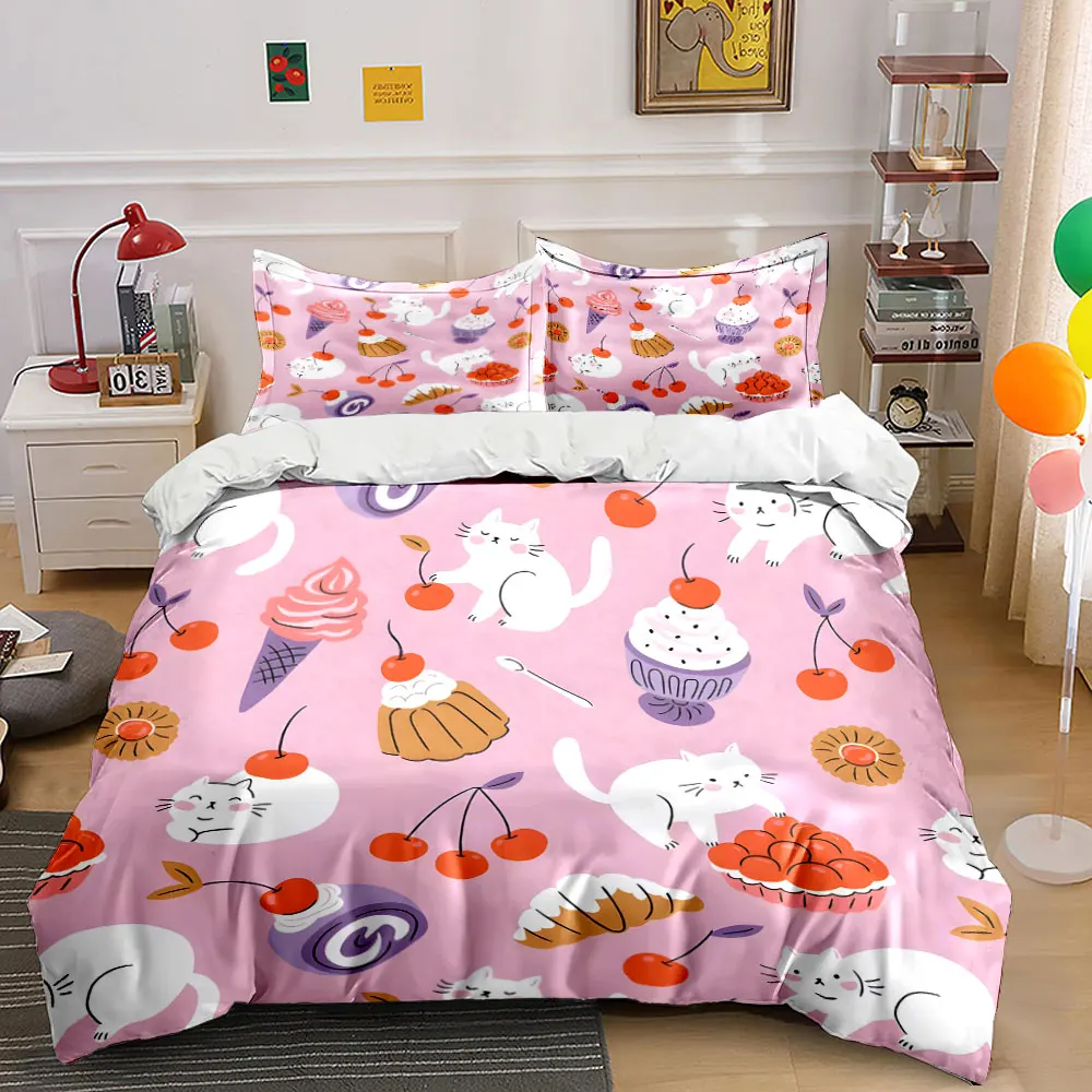 Cute white cats with dessert and cherry pattern Bedding Set 1Duvet Cover 2Pillowcases for Adult Children Luxury Gift Full Size