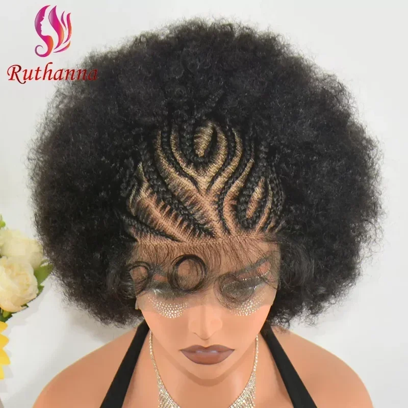 250% Density Afro Kinky Curly 13x6 Lace Front Braided Synthetic Short Curly Wig For Women Explosive Head Baby Hair Wig Daily Use