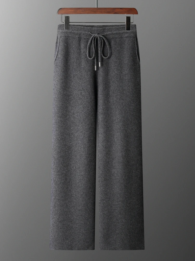 

MEETCC Men's 100% Cashmere Wide Legs Pants Autumn Winter Thickened Sport Casual Chic Trousers Elastic Waist Luxury Knitted Pants