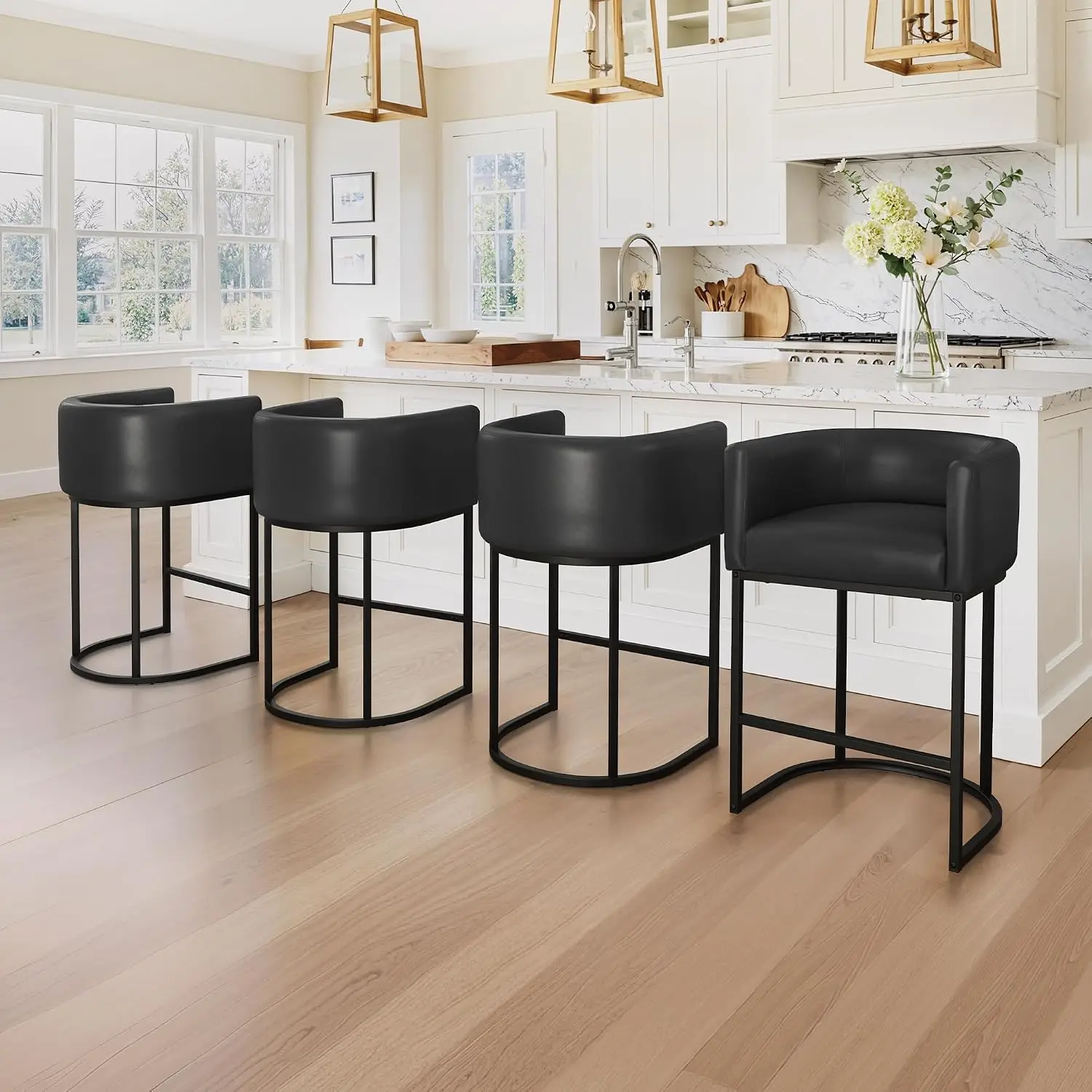 Modern Barrel Counter Stools 4-Pack with Backrest & Arms, Black Metal Frame, Faux Leather, Kitchen Island, Customized