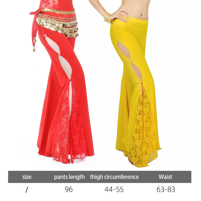 Women's Sexy Flare Dance Pants Belly Dance Costume Lace Sides Split Pants Lace Bollywood Indian Dance Costume, No Waist Chain