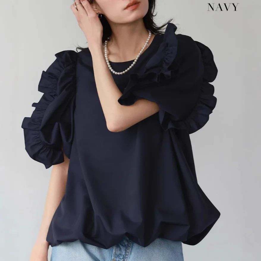 

Lotte новый летний женский дизайн манжеты с рюшами в стиле воздушного шара, однотонный повседневный топ