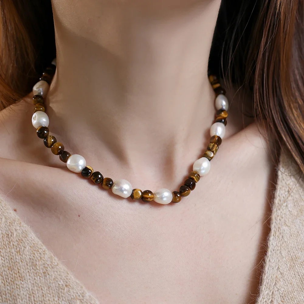 

AB/ Handmade Natural Tiger's Eye Stone and pearl matched with 925 sterling silver women's Jewelry necklace bracelet set.