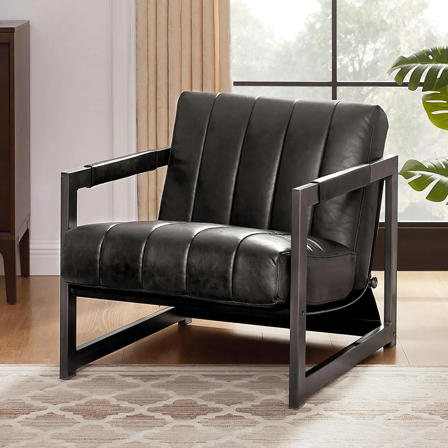 

Genuine Leather Accent Chair Mid Century Armchair Black Metal Frame Living Room Bedroom Furniture, Customized