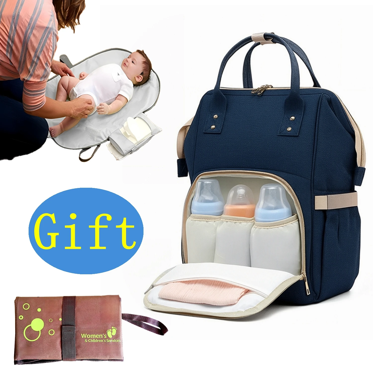 

Сумка для подгузников Рюкзак-многофункциональная дорожная сумка для детских подгузников с пеленальной подушечкой, изолированные держатели для бутылочек, большая вместимость, водонепроницаемая