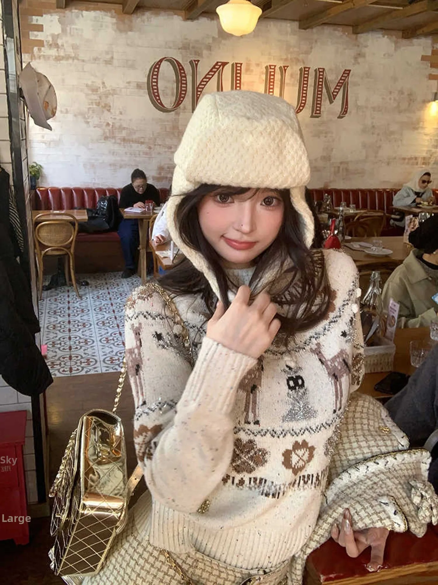 

Cisas Deer Hooked Flower Sweater Women's Vintage Preppy Sle Knitted Outerwear Loose Fit Animal Pattern Long Sve Warm