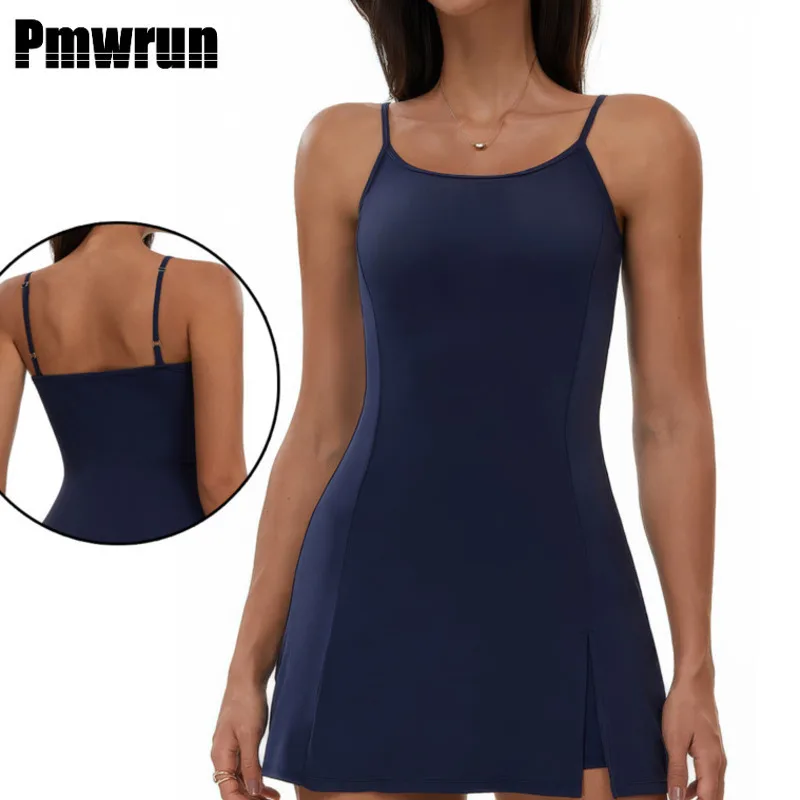 

PMWRUN 2025 Women's Sports Beautiful Back Dress Removable Chest Cushion Breathable OutdoorGirl Running Workout Yoga Tennis Skirt