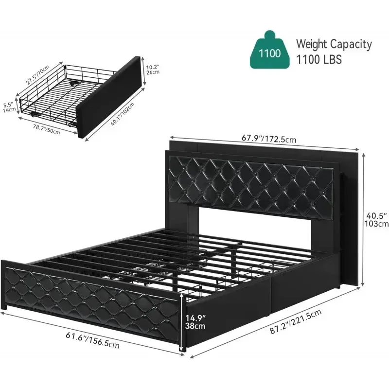 QAZ8-WQYITME إطار سرير كوين مع لوح أمامي و4 أدراج تخزين. سرير حديث منجد من الجلد الصناعي مع أضواء LED RGB #2