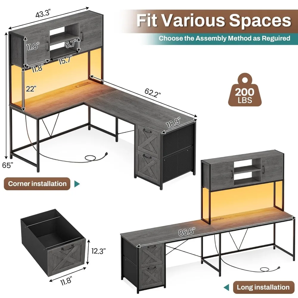 L Shaped Gaming Desk, Reversible Computer Desk with Fabric Drawers and Power Outlet, Gaming Desk with Led Lights, Customized