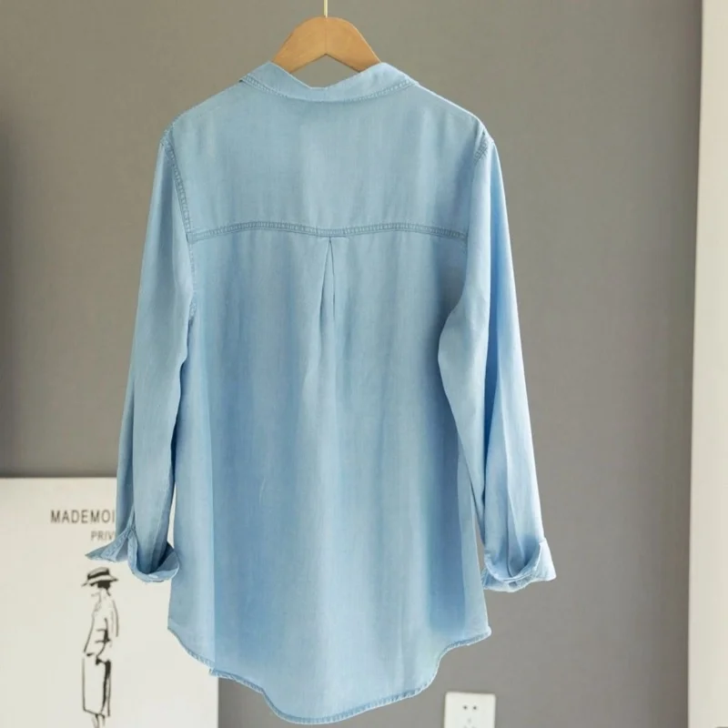 Light Blue Solid Casual Loose Cotton Denim Shirts For Women 2024 Casual Ladies Tops Long Sleeve Jeans Blouses Clothing Camisas