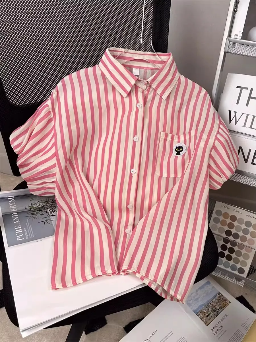 

Японский летний топ в стиле колледж с цветными полосками, воротником и дизайном в стиле Bubble Sve, с элементами Sweet Design Sense