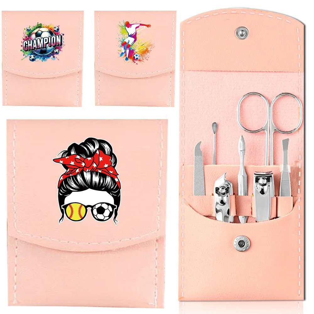 

7 Pcs Manicure Set Stainless Steel Nail Clipper Kit With Pink PU Leather Case Nail Care Tools With Tweezers Soccer Pattern