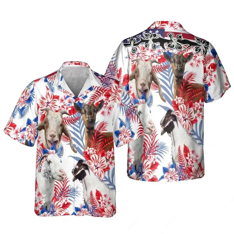 Funny Casual Animal Sheep Horse Graphic Shirts For Men Clothing Fashion Hawaiian Lapel Blouse Vacation Surfing Beach Shirts Tops