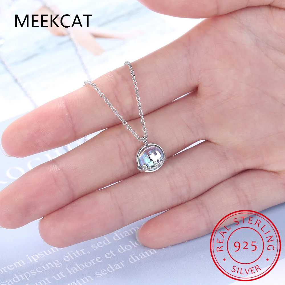 Genuine 925 Sterling Silver Round Moonstone Cat Pendant Necklace Kolye Colar de Prata for Women Gift Fine Jewelry SCN422