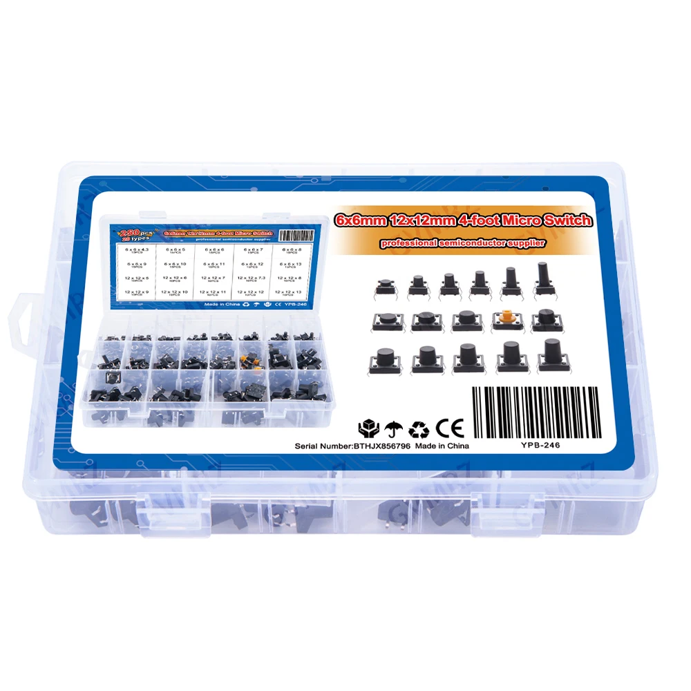 250pcs 20value 4pins 6x6mm 12x12mm Tactile button switch micro instant classification Assorted kit 11/12/13mm Component