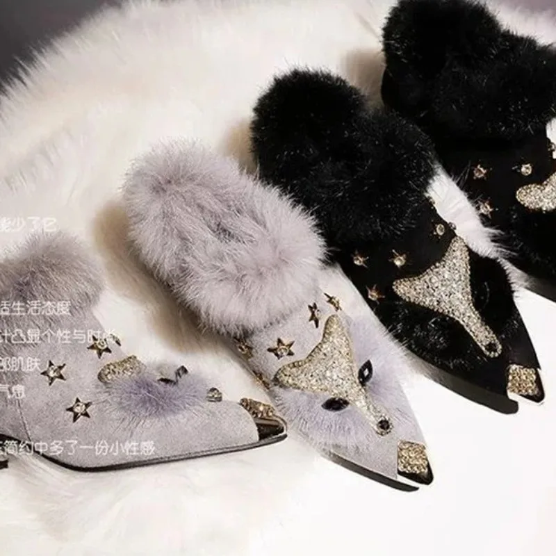 

Women Ankle Boots Crystal Fox Head Womens Boots Winter Fashion Metal Pointed Toe Fluffy Plush High Heel Women's Botas Para Mujer