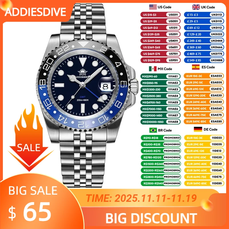 ADDIESDIVE 남성용 새로운 GMT 시계 스테인레스 스틸 세라믹 베젤 남성용 쿼츠 시계 방수 20Bar 다이빙 Reloj Hombre AD2050