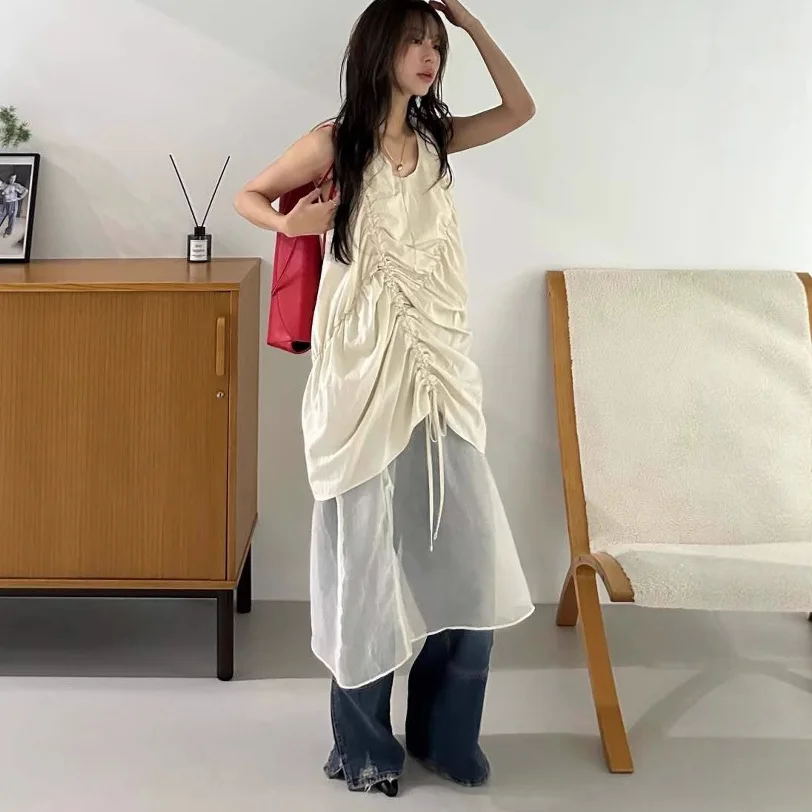 

Womens Dress 2026 Spring/Summer New French Versatile Irregular Drawstring Design Sleeveless Dress