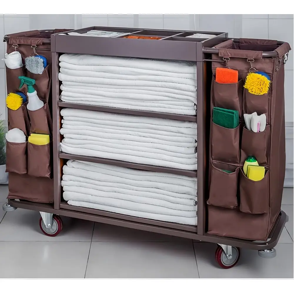 

Versatile Housekeeping Cart, Portable Utility Trolley with Detachable Canvas Bins and Swivel Locking Casters for Hotel Maintenan