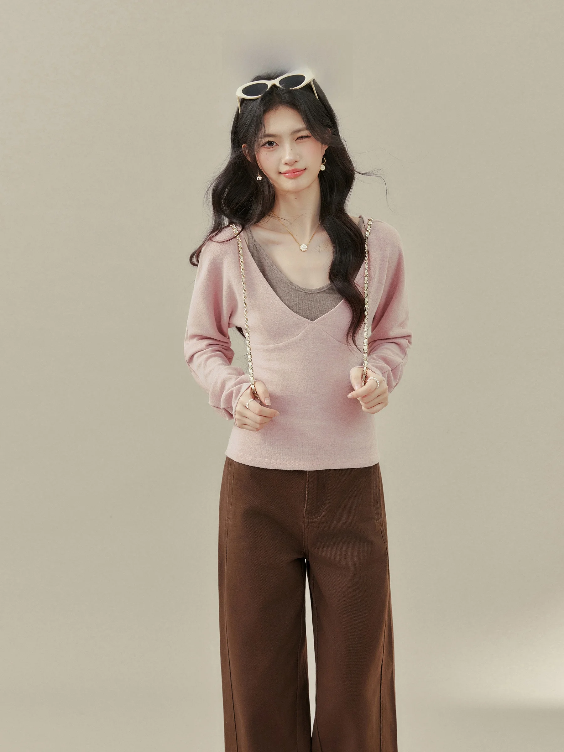 

plus Size Women's Long Sleeve T-Shirt Pink Contrast Color Casual Style Spring New Two-Piece Set Comfortable Breathable Cotton