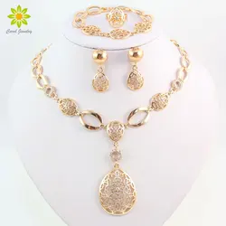 Fashion Vintage Clear Crystal Gold Color African Bridal Costume Jewelry Sets Nigerian Wedding Water Drop Necklace Earrings Set