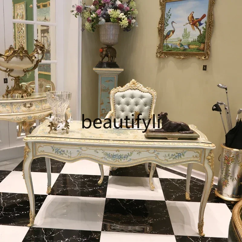 cqy European-style study solid wood French art rose desk and chairs luxury white porch cabinet