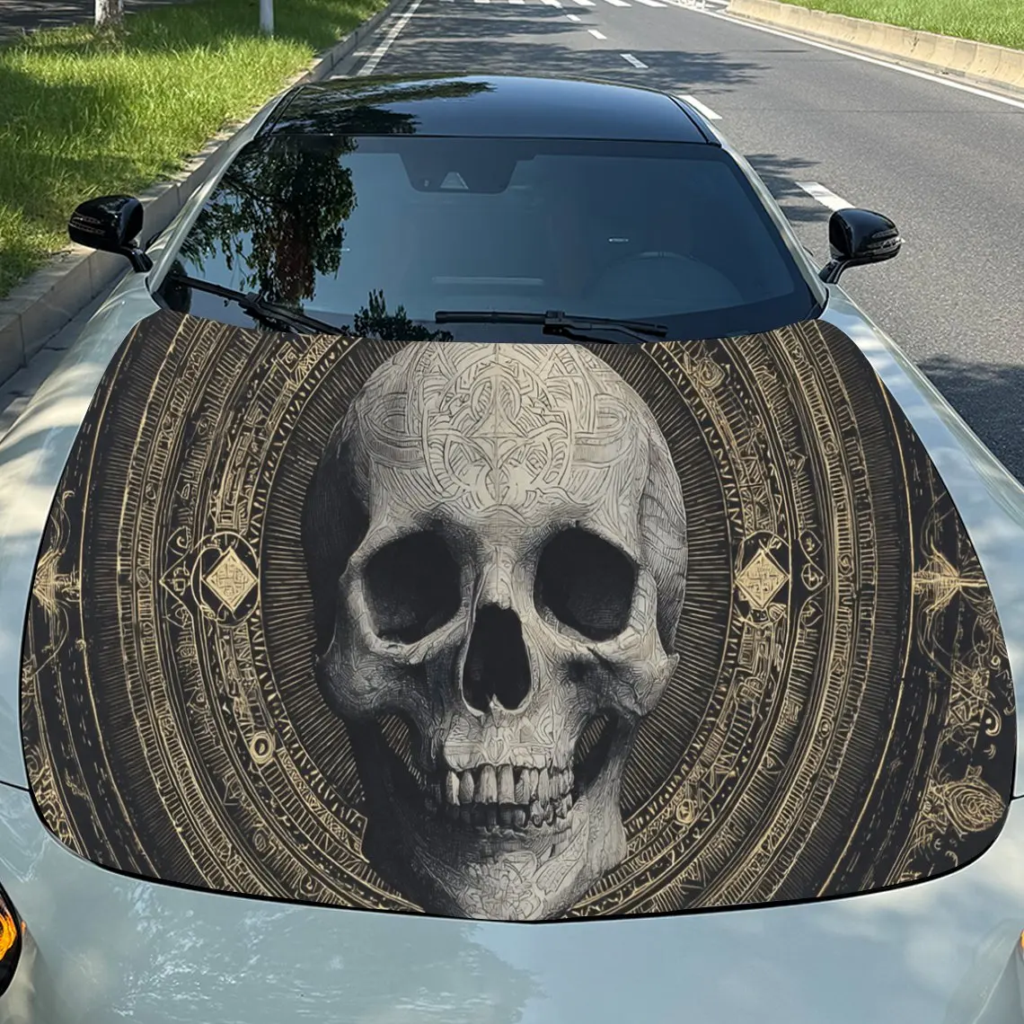 

Bold Intricate Skull Car Hood Stickers - Self-Adhesive, Waterproof and Durable Vinyl Wrap, Decorate And Protect Your Car, Fit Fo