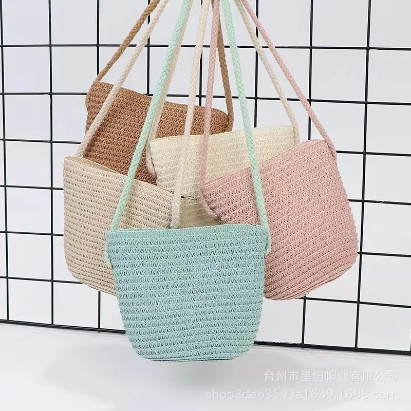 

2024 New Summer Children Girls Shoulder Bag Creative Pure Color Straw Messenger Bag Kids Coin Purse Cute Princess Mini Handbag