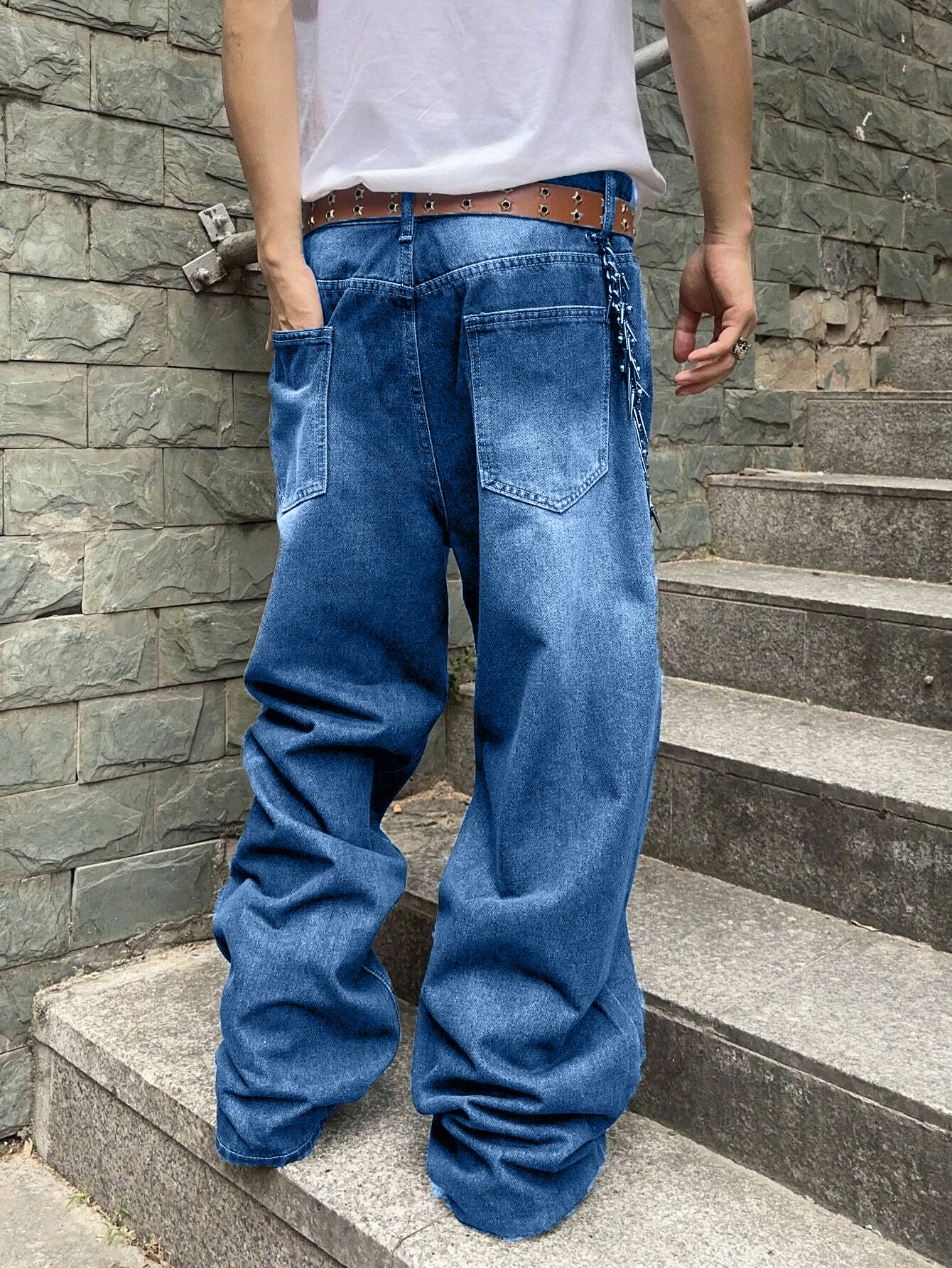 1Pc Men's Casual American Street Style Loose Jeans for Everyday Wear, Black, Light Blue, Sea Blue, Fashionable Street Style Retro Lantern Jeans, Denim Pants, Denim Trousers
