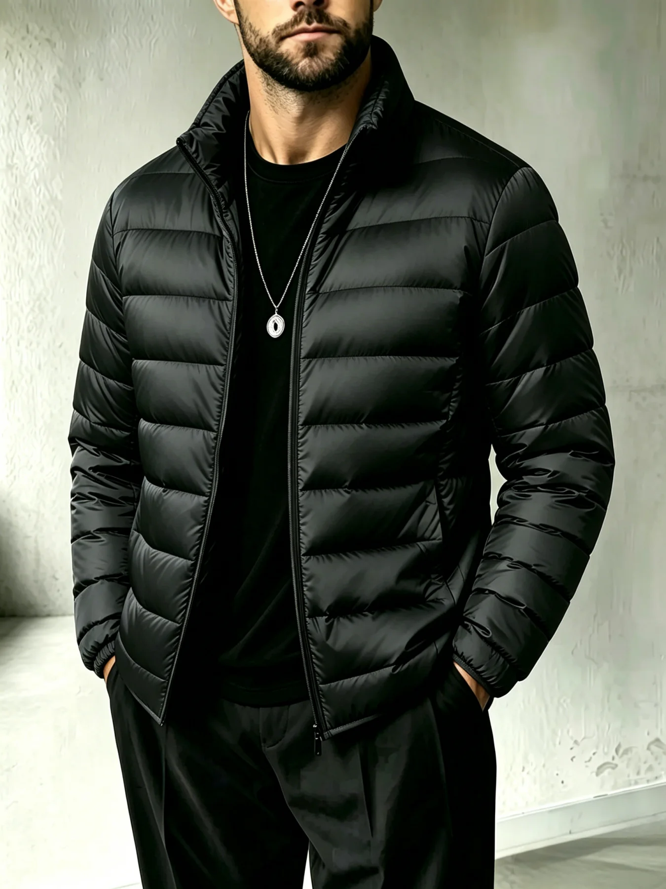 Men Lightweight Stand‑Collar Puffer Jacket Full Zip Casual Solid Color Warm Padded Outerwear for Fall Winter