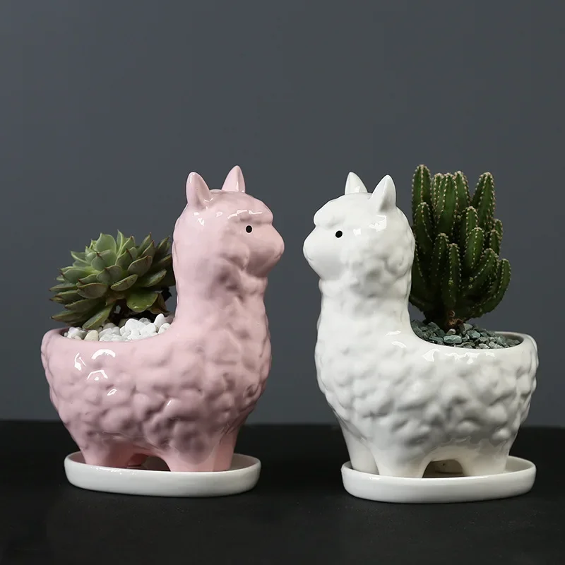 Nordic Ins Creative Ceramic Mini Sheep Flower Pot with Tray Home Living Room Desktop Succulents Bonsai Pot Crafts Garden Decor