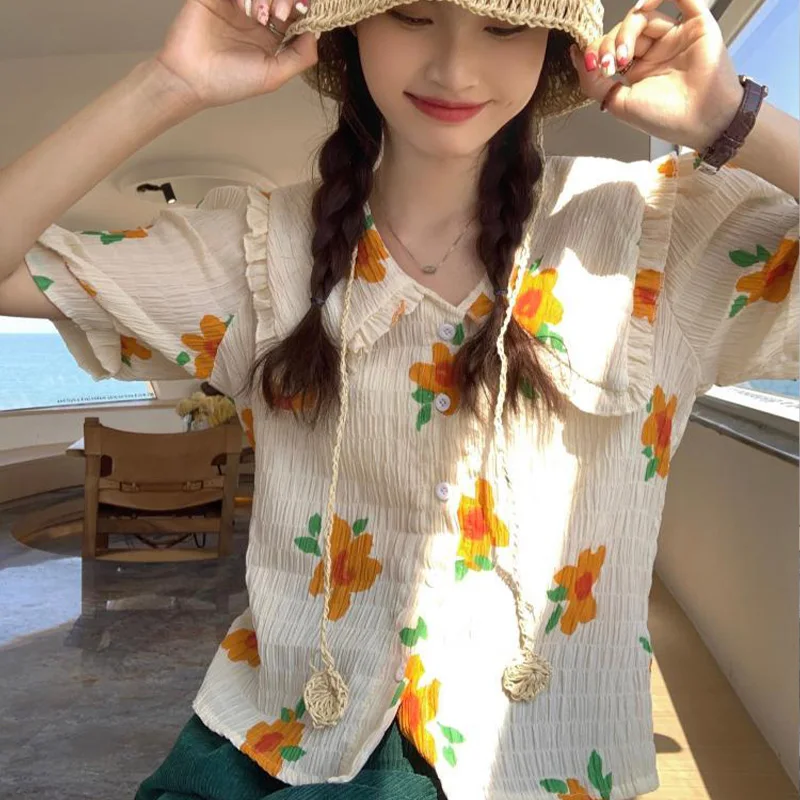 French Style Doll Collar Short Sleeves Floral Shirt for Women\'s Summer New Casual Beautiful Sweet Vitality Girl Chic Shirt Top