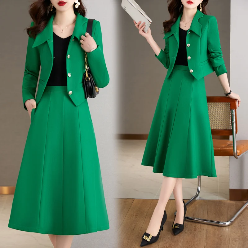 2026 New Korean Blazer Two-piece Suit Women's Casual Office Sets Spring Autumn Short Jacket A-line Maxi Skirts Slim 2-piece Sets