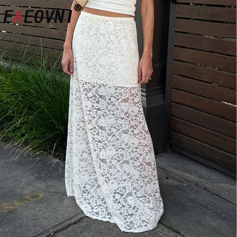EAEOVNI, falda de encaje ahuecada a la moda para mujer, faldas largas acampanadas blancas de cintura alta, ropa nueva elegante de primavera 2025