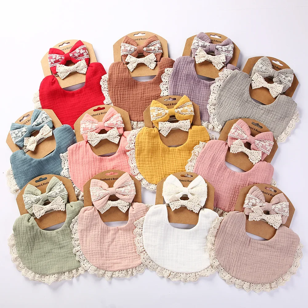 

Newborn Baby Soft Muslin Cotton Bib Bow Headband Set Lace Tassel Drool Saliva Towel Set Adjustable Infant