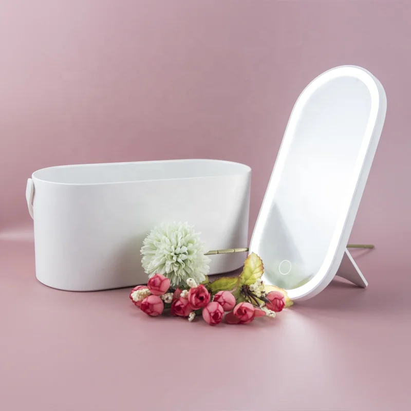 Hot Sell High Quality folding lighting rechargeable USB mirror cosmetic makeup small portable makeup box with led mirror