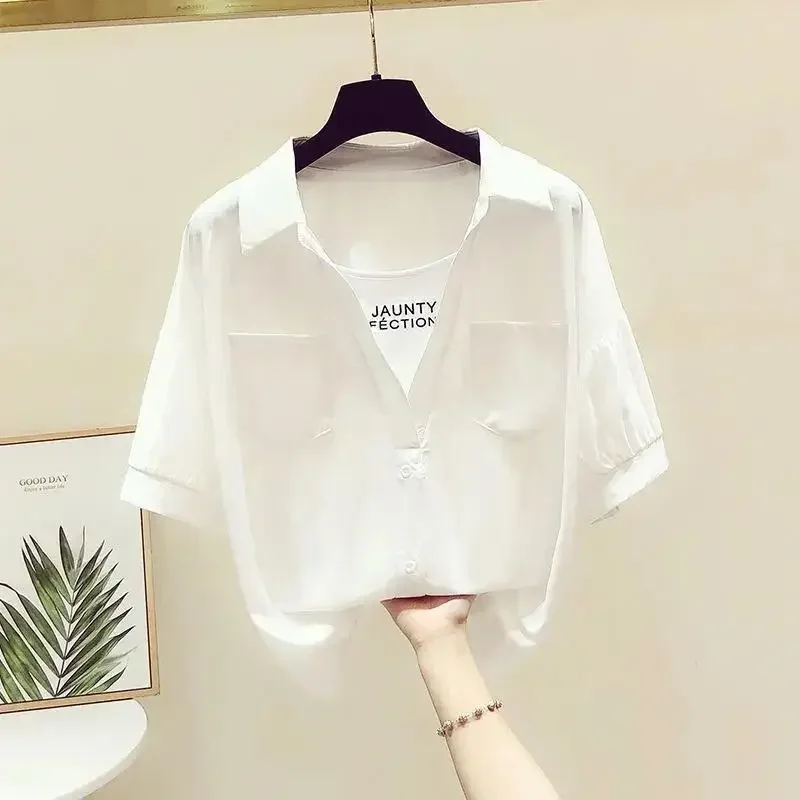 

Сплошной цвет, рубашка из двух предметов с короткими рукавами и v-образным вырезом, новые летние повседневные свободные универсальные топы для поездок на работу, модная одежда для женщин