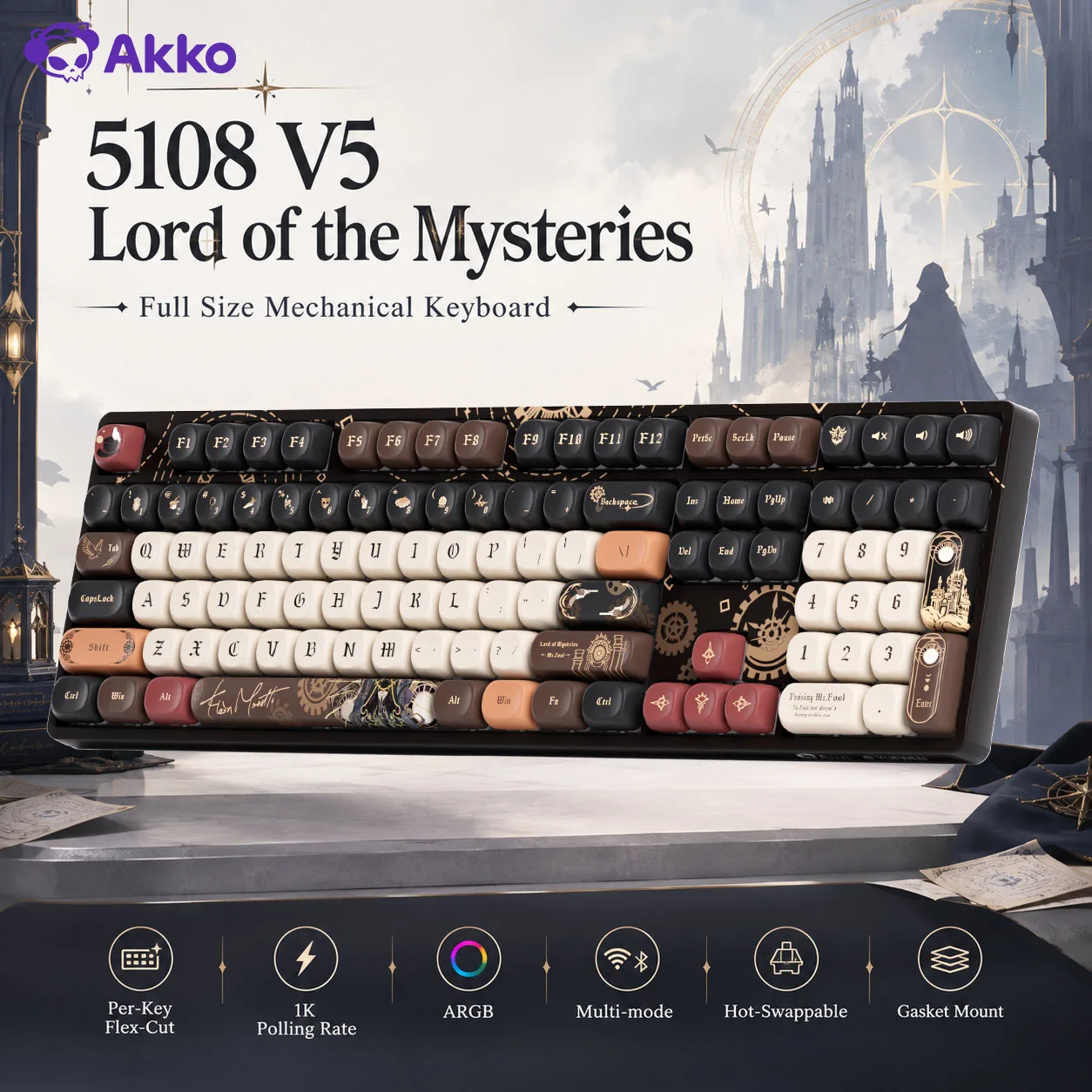Teclado Mecânico Akko 5108 V5 Lord of the Mysteries 1K 100% Tamanho Completo ARGB Hot Swap Teclado Gamer Sem Fio Tipo-C/2.4G&BT