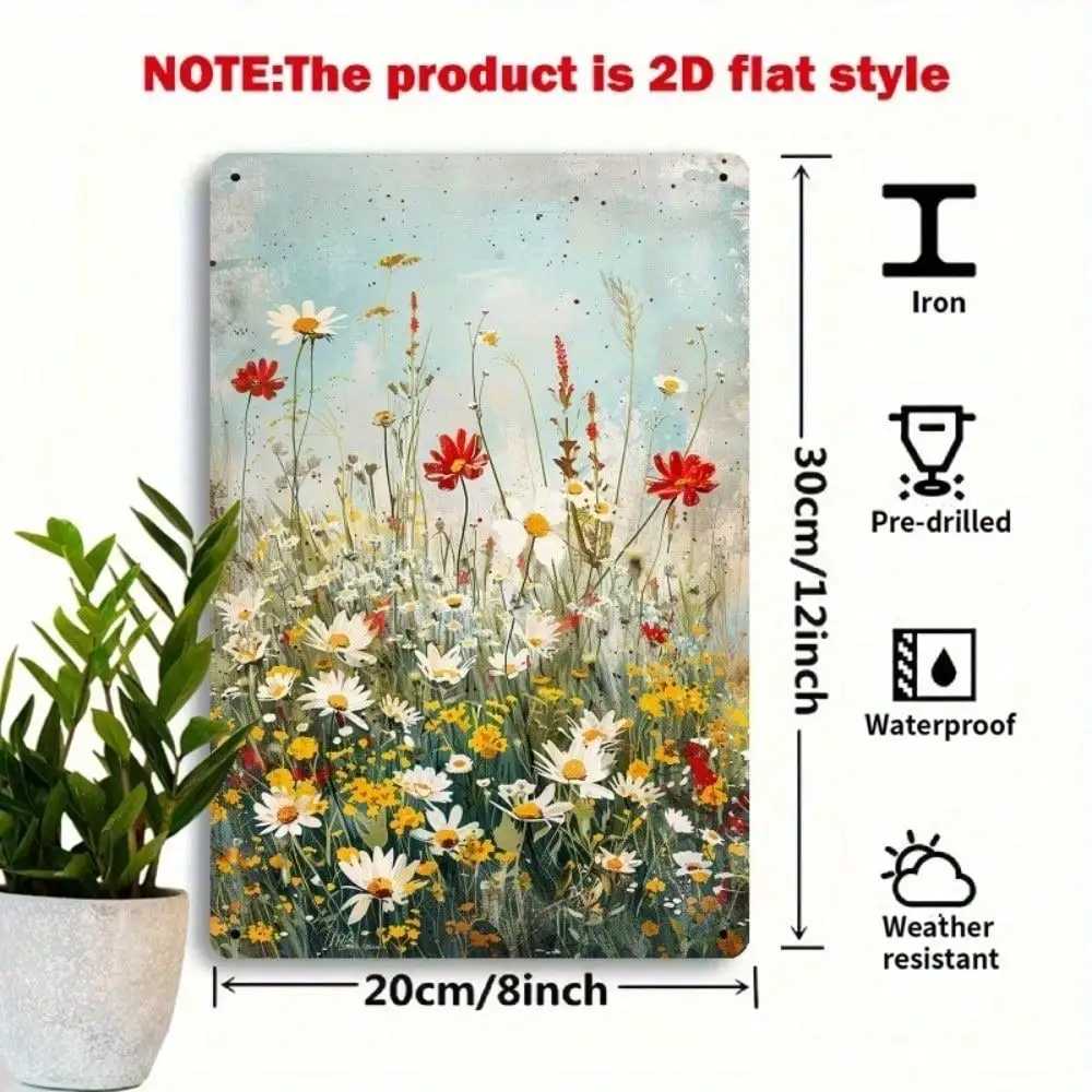 Vintage Spring Floral Metal Wall Art 8x12 Inch, Retro Farmhouse Daisy Wildflowers 2D Flat Sign for Living Room Bedroom Decoratio