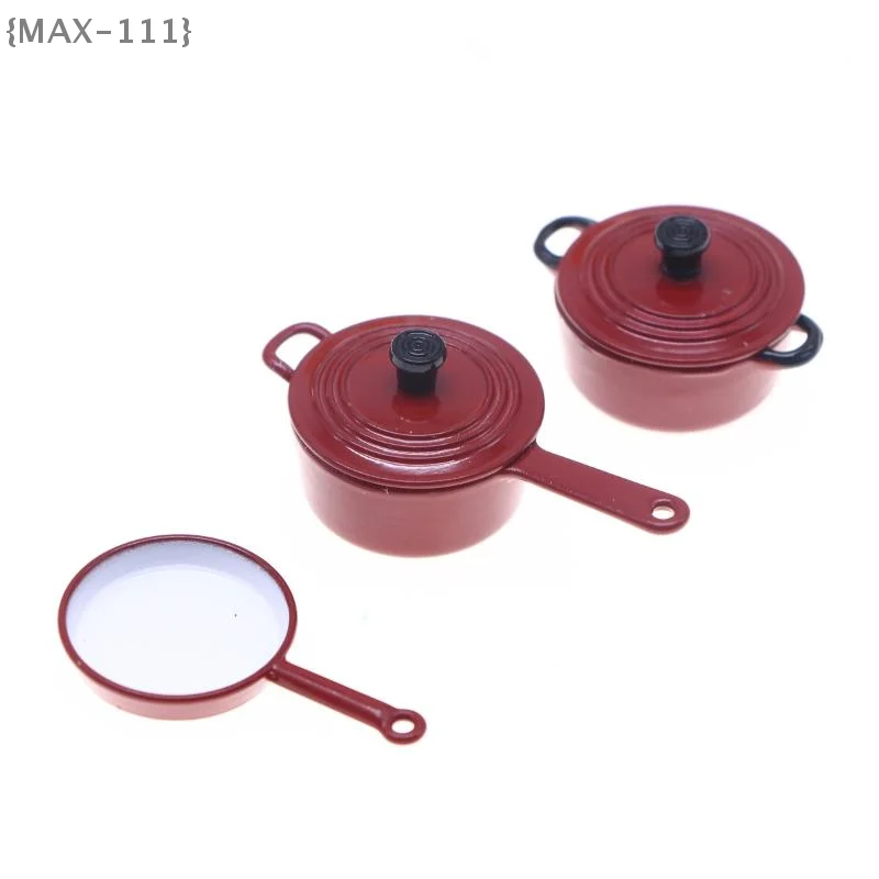 【F2-MAX111】3Pcs 1:12 Dollhouse Miniature Enamel Cookware Set - Alloy Pots and Pans Mini Cooking Play Kit for Pretend Game