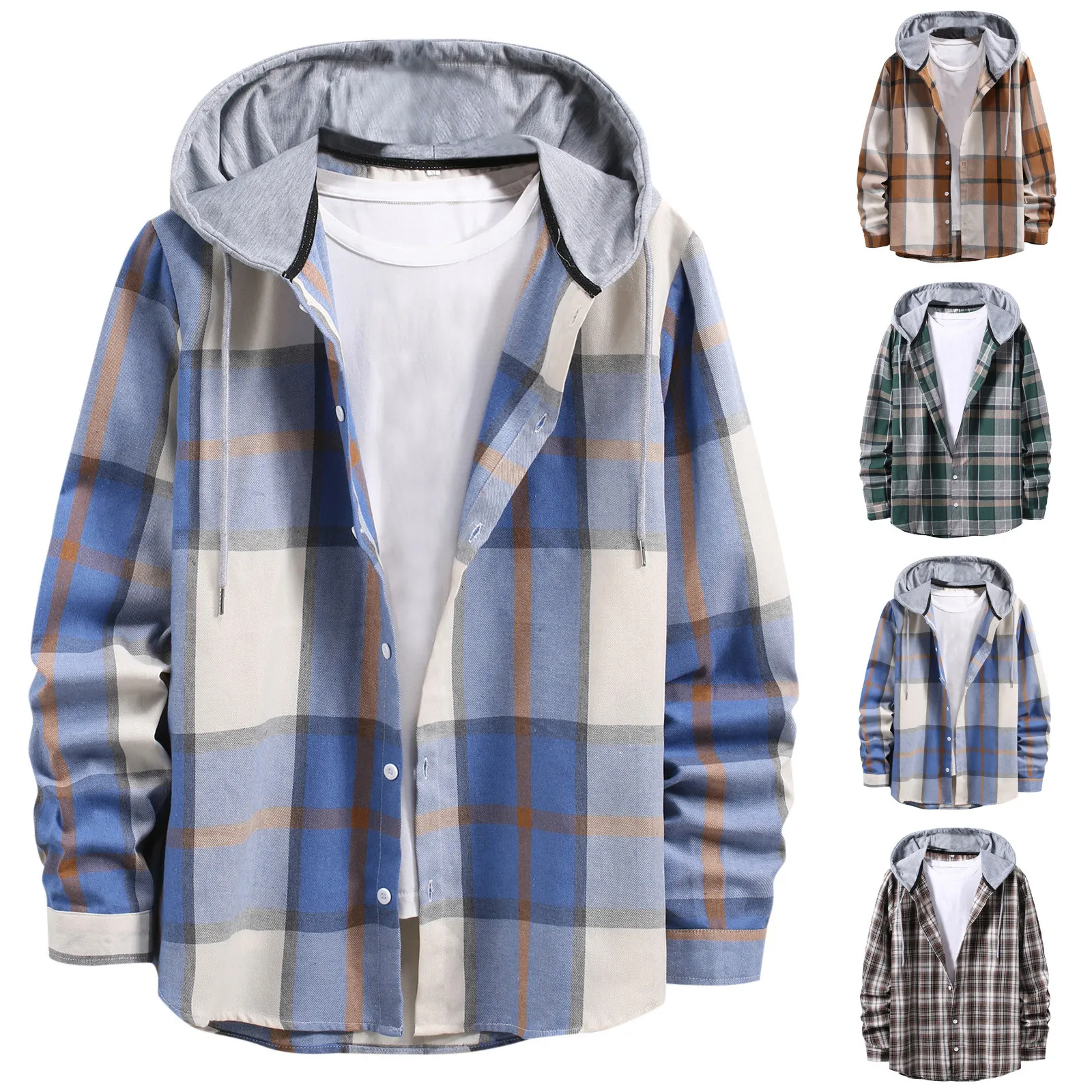 Men\'s Casual Plaid Print Shirt Long Sleeves Autumn Casual Hooded Single Breasted Coat Daily Loose Male Clothing